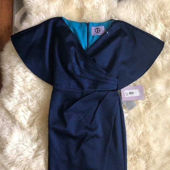 JS Collections Faux Wrap Bonded Satin Navy Gown 2 - Picture 4 of 8